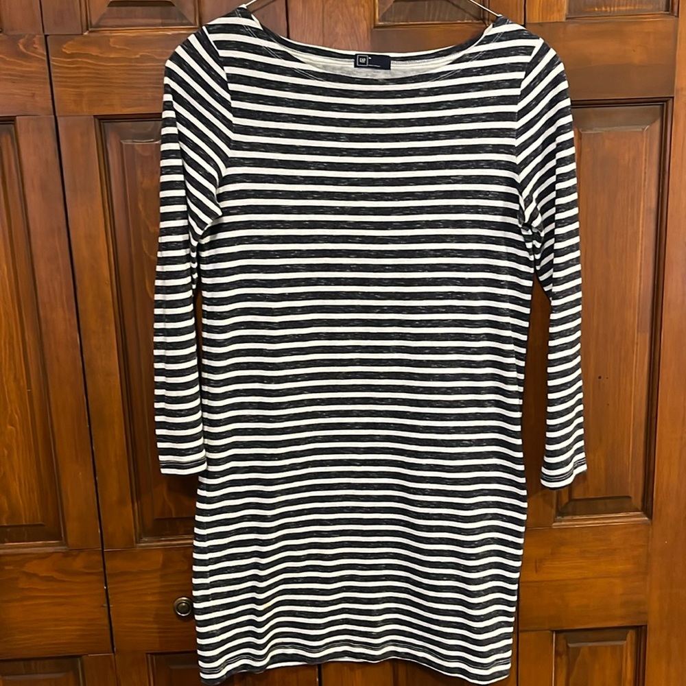 GAP Women Navy Striped Long Sleeve Boat Neck Shift 100% Cotton Dress Size Medium